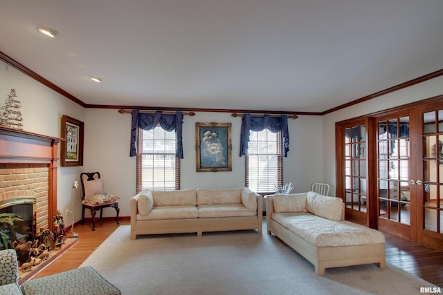 living room with ornamental molding, light wood-type flooring, french doors, and a healthy amount of sunlight