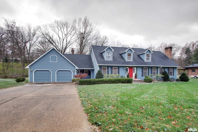 cape cod-style house with a front lawn and a garage