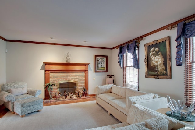 living room featuring a fireplace, wood-type flooring, and ornamental molding