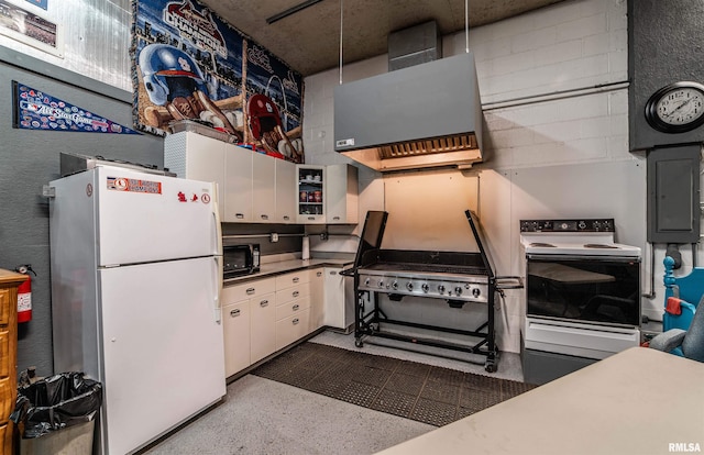 kitchen with electric panel, white cabinetry, exhaust hood, and white appliances