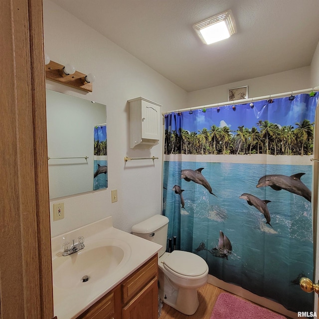 bathroom with a shower with curtain, vanity, toilet, and wood-type flooring