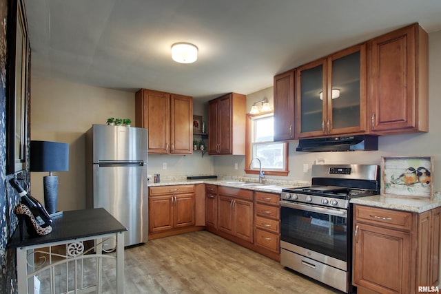 kitchen with light stone countertops, light wood-type flooring, sink, and appliances with stainless steel finishes