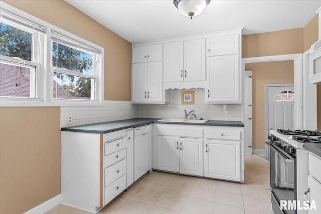 kitchen featuring white cabinets, white dishwasher, black range with gas stovetop, sink, and decorative backsplash