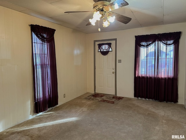 carpeted foyer entrance with wood walls, plenty of natural light, and ceiling fan