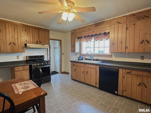 kitchen with black appliances, backsplash, ceiling fan, and sink