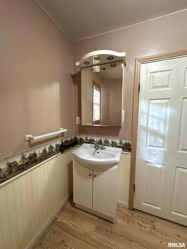 bathroom with wood-type flooring and vanity