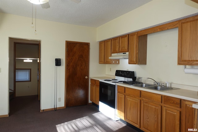 kitchen with dark colored carpet, sink, white electric stove, ceiling fan, and a textured ceiling