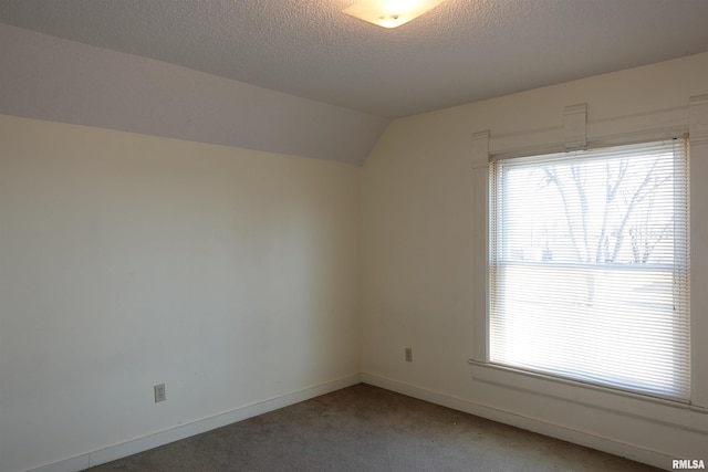 spare room featuring carpet, a textured ceiling, and vaulted ceiling