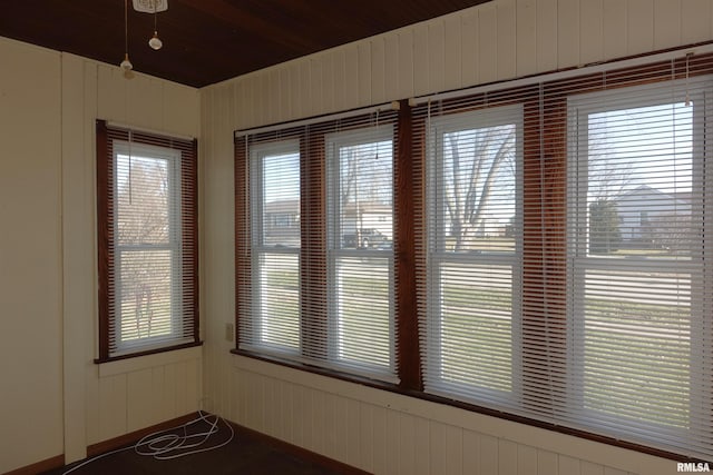 interior details featuring wood walls and wood ceiling