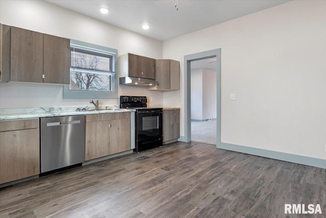 kitchen featuring stainless steel dishwasher, dark wood-type flooring, sink, and black / electric stove