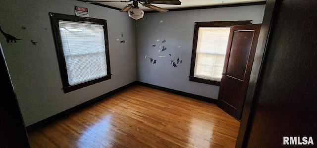 empty room with wood-type flooring and ceiling fan