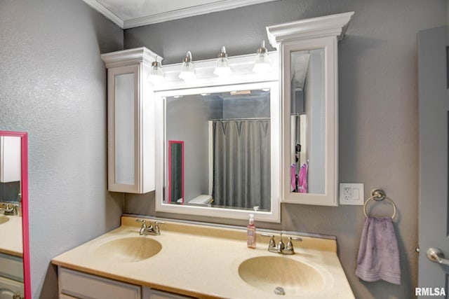 bathroom with crown molding and vanity