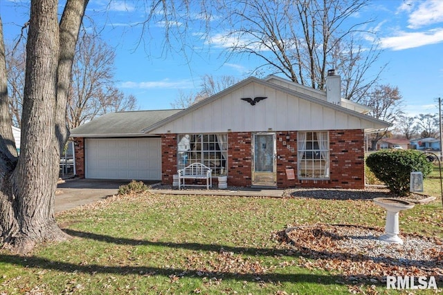 ranch-style house featuring a garage, driveway, a chimney, and brick siding