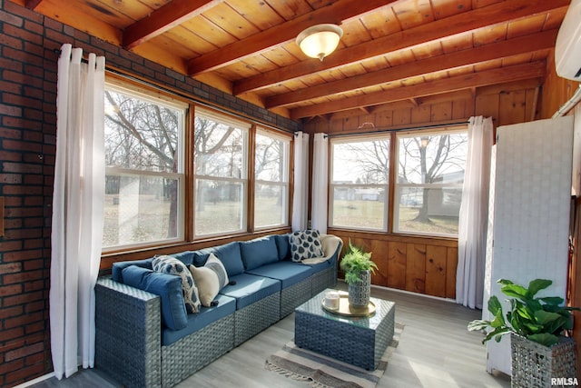 sunroom / solarium with plenty of natural light, beam ceiling, and wooden ceiling