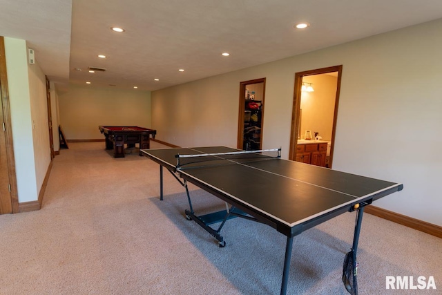 game room with light carpet and billiards