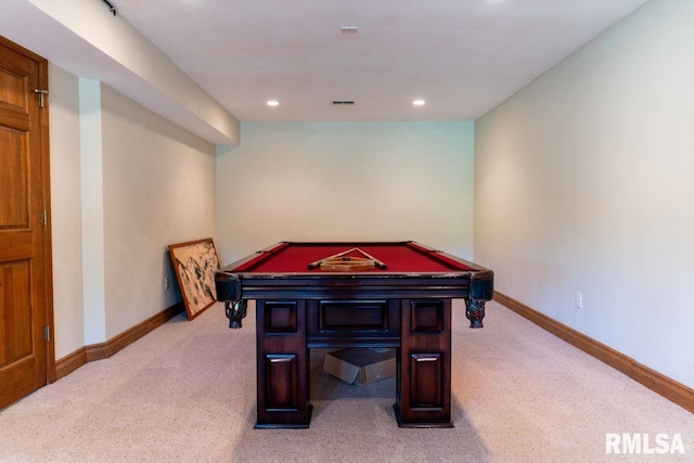 recreation room featuring light colored carpet and pool table