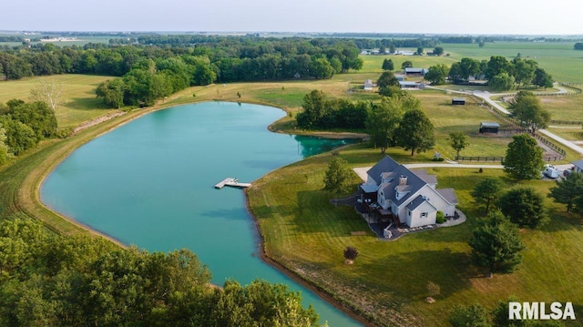 aerial view featuring a water view and a rural view