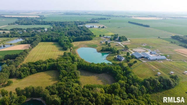 bird's eye view featuring a rural view and a water view