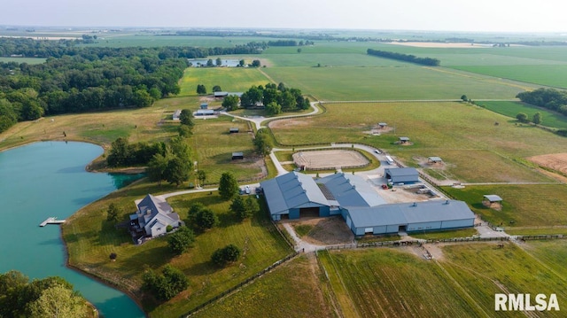 bird's eye view featuring a rural view and a water view