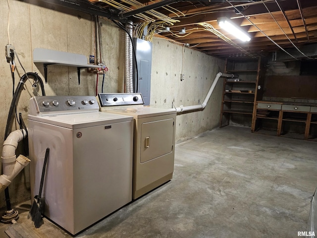 laundry area with washing machine and dryer and electric panel