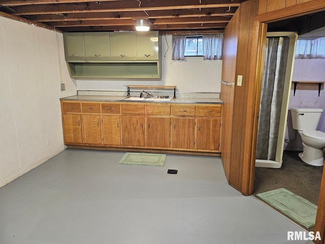 basement featuring wood walls and sink