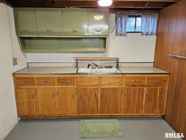 kitchen featuring wooden walls and sink