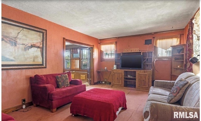 living room featuring a textured ceiling and light colored carpet