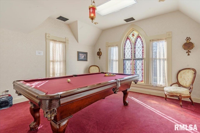 game room with carpet floors, lofted ceiling, and pool table