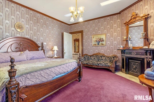 bedroom featuring carpet floors, a notable chandelier, and ornamental molding