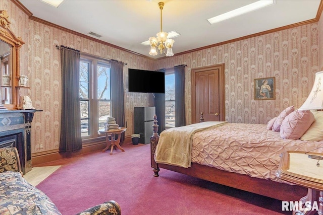 bedroom with carpet, stainless steel fridge, an inviting chandelier, and ornamental molding