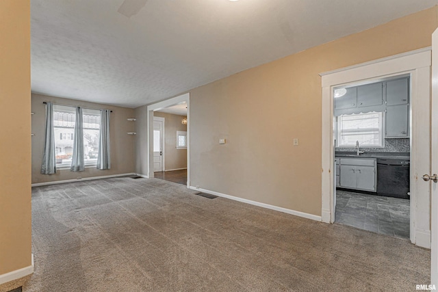 carpeted spare room with a textured ceiling and sink