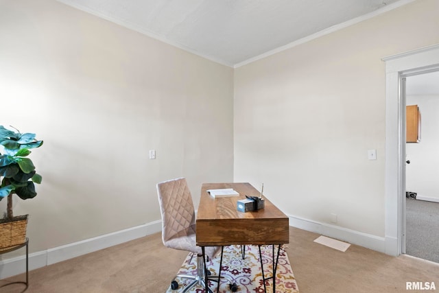 carpeted home office with crown molding