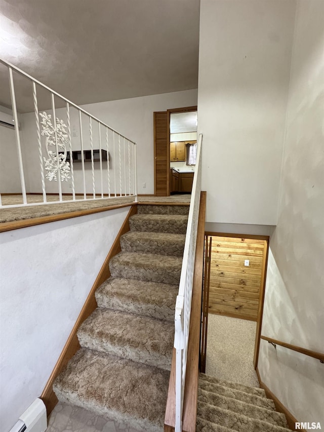 staircase featuring carpet and baseboard heating