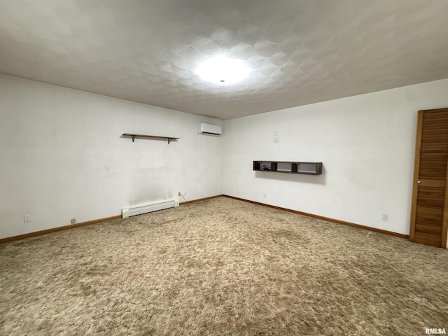 unfurnished room with carpet flooring, a textured ceiling, an AC wall unit, and baseboard heating