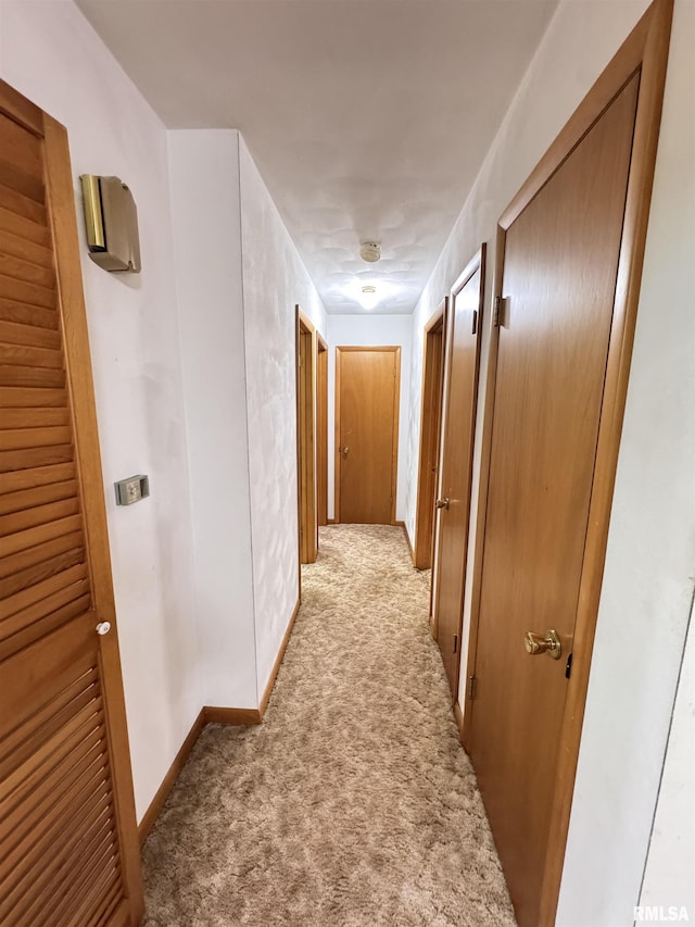 hallway with light colored carpet