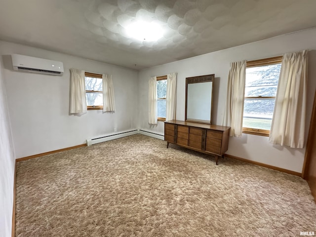 unfurnished bedroom featuring carpet floors, an AC wall unit, and a baseboard heating unit