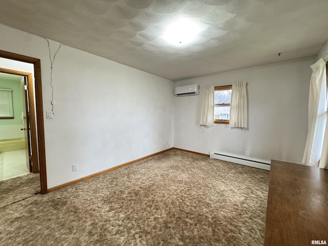 carpeted empty room featuring a wall mounted air conditioner, a textured ceiling, and a baseboard radiator