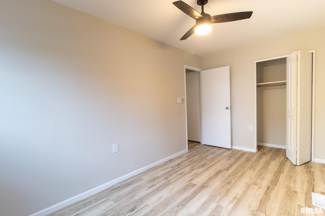 unfurnished bedroom featuring a closet, ceiling fan, and light hardwood / wood-style floors