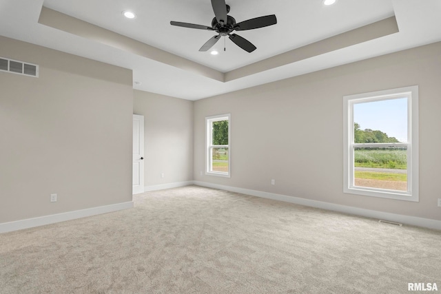 empty room featuring light colored carpet, a raised ceiling, and ceiling fan