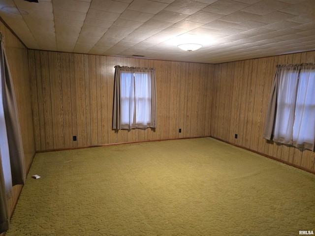 carpeted empty room with wooden walls