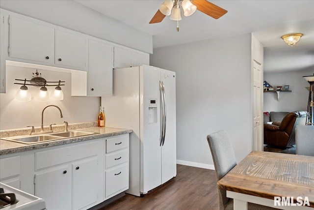 kitchen featuring white cabinetry, sink, dark wood-type flooring, and white fridge with ice dispenser