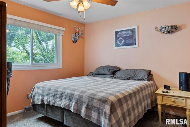 bedroom featuring carpet floors and ceiling fan