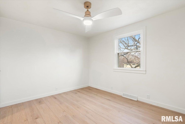 empty room featuring ceiling fan and light hardwood / wood-style flooring