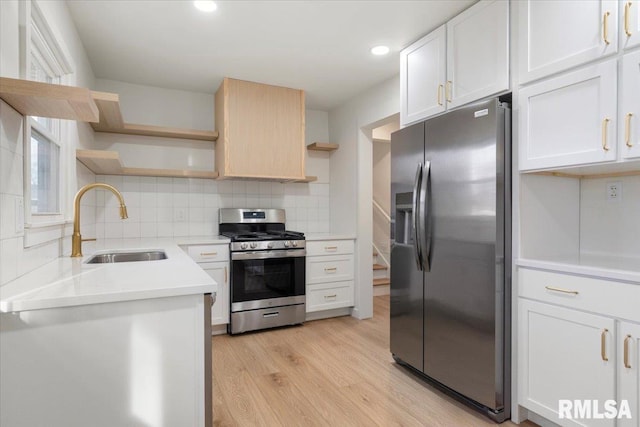 kitchen with white cabinetry, sink, backsplash, appliances with stainless steel finishes, and light wood-type flooring