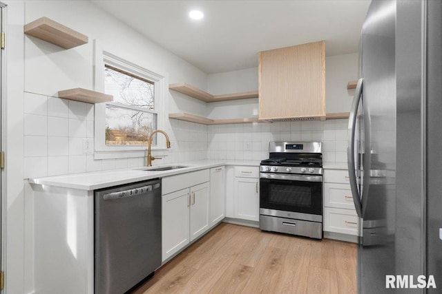 kitchen with appliances with stainless steel finishes, light wood-type flooring, tasteful backsplash, sink, and white cabinets