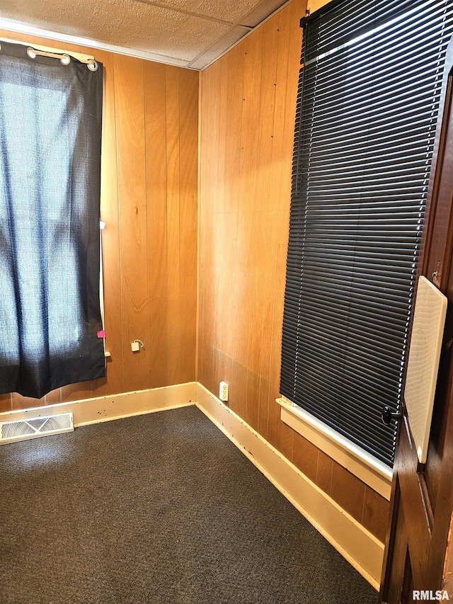 carpeted spare room with wooden walls