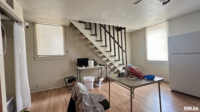 basement featuring hardwood / wood-style floors and white fridge