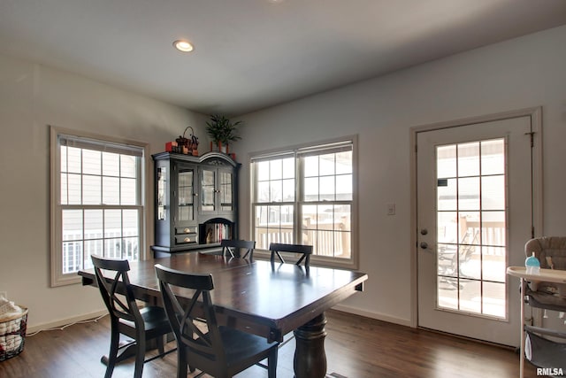 dining space featuring a wealth of natural light and dark hardwood / wood-style floors