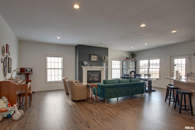 living room with sink, a fireplace, a healthy amount of sunlight, and hardwood / wood-style flooring