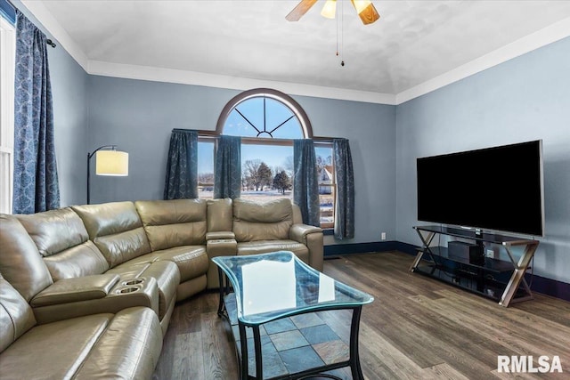 living room featuring ceiling fan, hardwood / wood-style floors, and crown molding